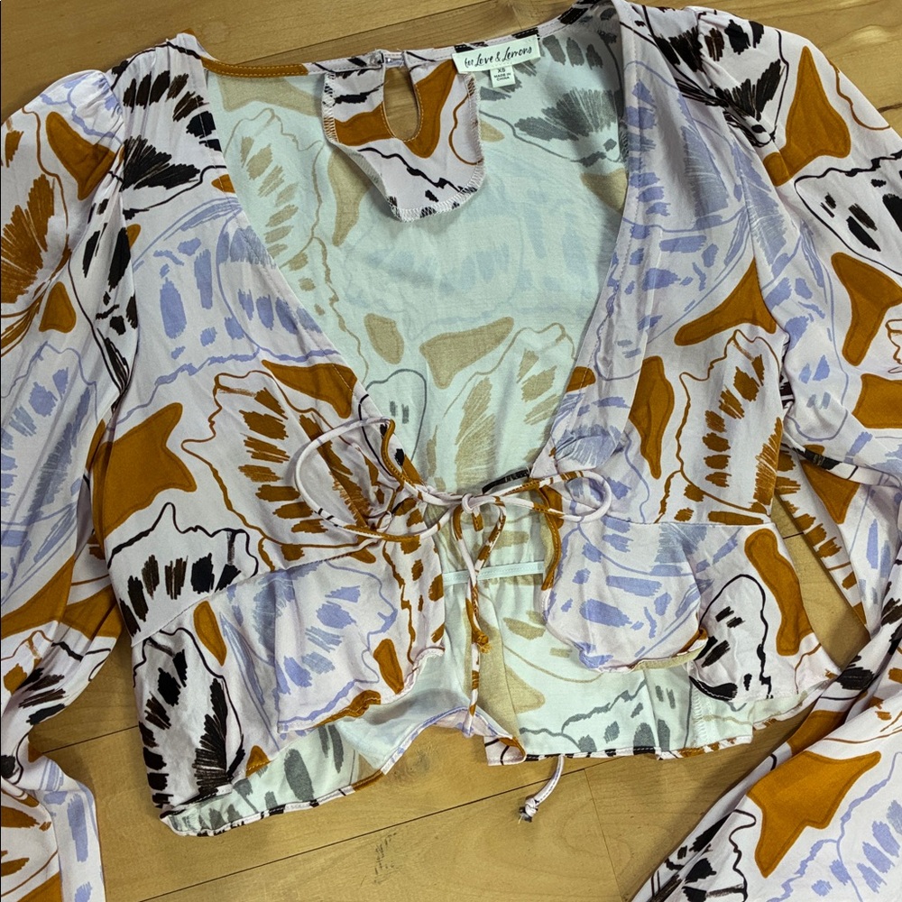 For Love & Lemons White, Lavender & Mustard Floral Drawstring Crop Top - Picture 3 of 3
